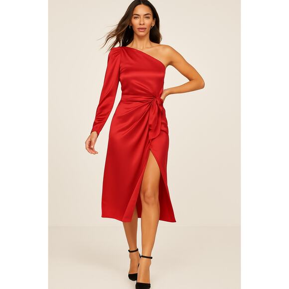 Reformation Justine 100% Silk High Slit One Shoulder Midi Dress Cherry Red 4 - Picture 1 of 9